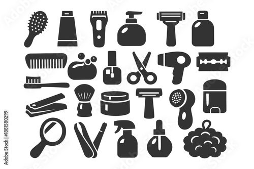 Black and white grooming tools collection for hair and personal care.