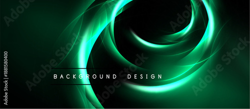 Dark background features swirling green light shapes. Abstract design evokes energy, motion, depth. Text reads background design.