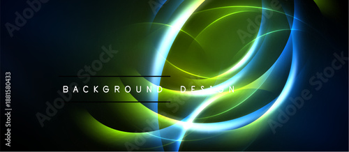 Abstract neon lights create dynamic swirls. Vivid green, blue hues dominate dark background. Text reads background design.