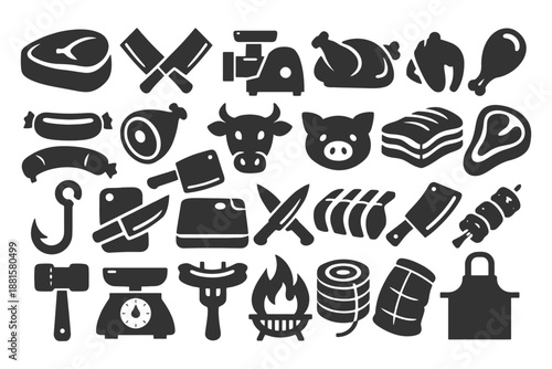 Butchery and meat icons set: tools, animals, cuts, grill, weight scale.