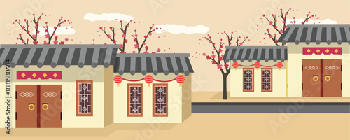 Traditional Chinese Village with Cherry Blossoms and Lanterns. Chinese house. Traditional house. House building.