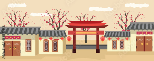 Traditional Asian Street with Red Paifang and Cherry Blossoms. Chinese gate. Chinese new year. Chinatown. Spring