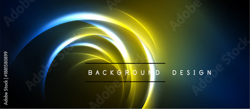 Abstract neon swirls, vibrant yellow, blue hues. Dark background creates dramatic visual impact. Modern design element.