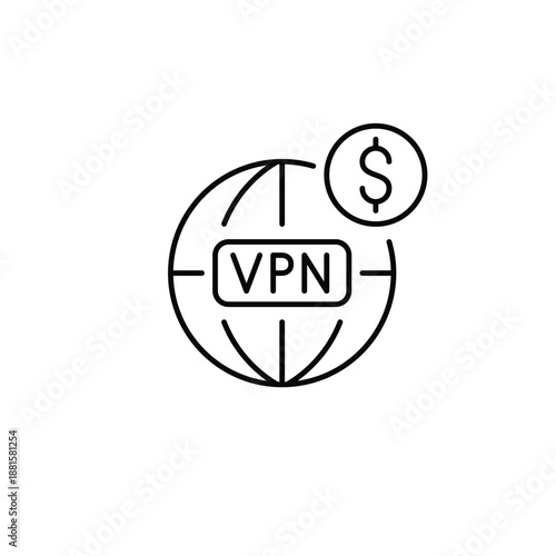 VPN, Earth globe and dollar, paid subscription plan cost. Pixel perfect, editable stroke vector icon