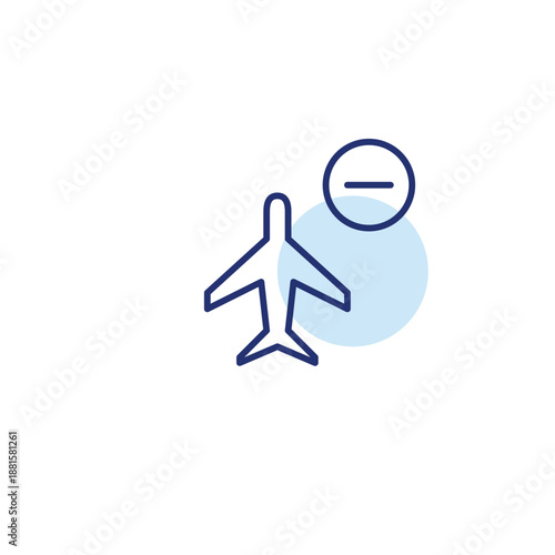 Plane flying and minus. Flight cancelled, seats unavailable. Pixel perfect, editable stroke vector icon