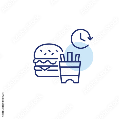 Burger and french fries and clock. Food scheduled delivery and meal pick-up on time. Fast food takeaway. Pixel perfect, editable stroke vector icon