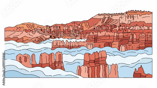Stylized canyon with flowing water and towering red rock formations