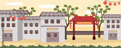 Traditional Chinese Street with Red Lanterns and Archway Gate. Chinatown house illustration. Chinese new year