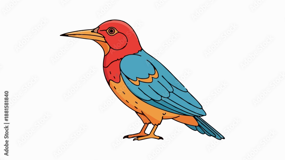 Obraz premium Stylized cartoon bird with red head, blue wings, and orange body