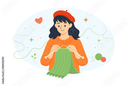 Woman knitting with yarn at home. Cozy handmade hobby concept, knitting and crochet illustration in flat vector style