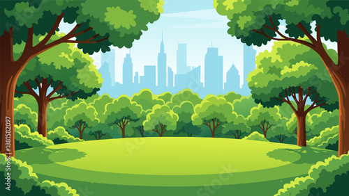 Vibrant park with green lawn, trees and city skyline in background, a vector illustration