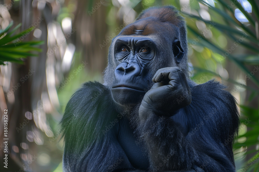 Fototapeta premium Thoughtful gorilla resting chin on hand in tropical forest