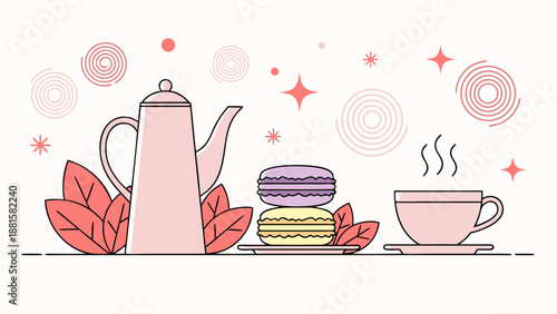 Charming vector illustration of a teapot, macarons, and cup of tea, perfect for cafes and lifestyle blogs