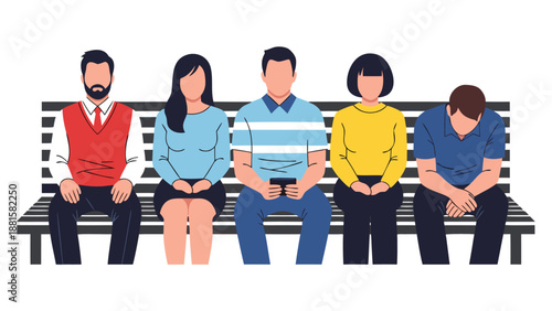 Diverse Group of People Waiting on a Bench A Vector Illustration