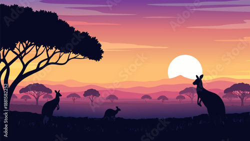 Vibrant vector illustration of kangaroos in the Australian outback at sunset, with acacia trees and a warm color palette