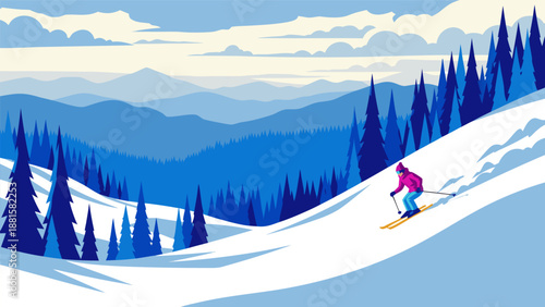 Winter mountain landscape vector illustration of a skier on a snowy slope with pine trees and layered hills under a cloudy sky