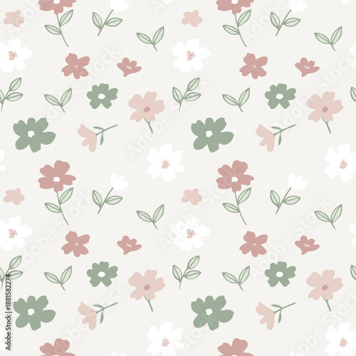 A seamless Nordic meadow floral pattern with neutral beige flowers and soft green leaves. Clean Scandinavian design suitable for textiles, home decor, and natural-themed backgrounds.