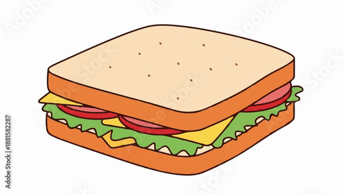 Stylized cartoon sandwich with bread, lettuce, cheese, tomato, and ham