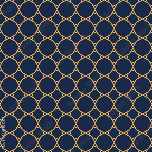 Elegant Islamic geometric pattern in blue and gold, perfect for Eid and Ramadan background