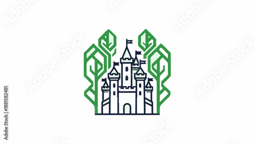 Stylized castle illustration with symmetrical green leafy branches flanking