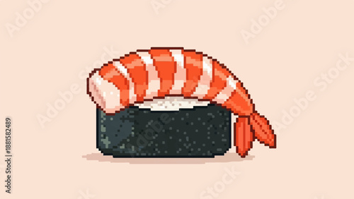 Pixel art sushi with a shrimp topping on a plain background