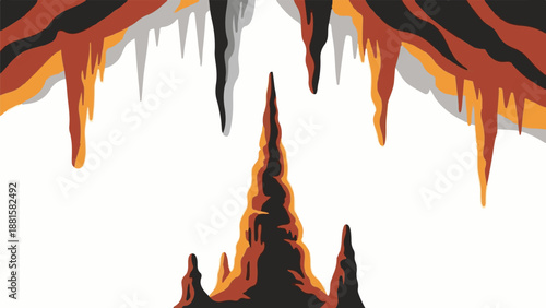 Stylized cave formations with dripping stalactites and stalagmites in warm colors