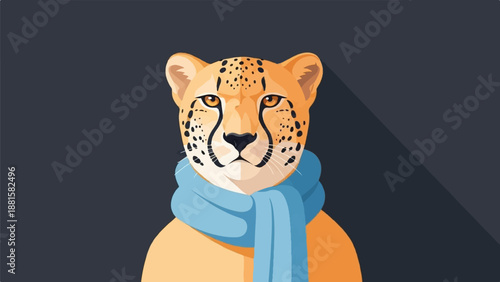 Stylized cheetah portrait wearing a blue scarf, dark background