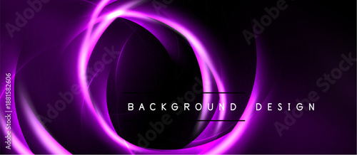 Dark background features vibrant purple neon circles. Minimalist design with text overlay, modern aesthetic. Smooth gradients create depth.