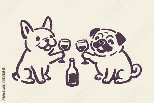 Dogs toasting wine doodle line art vector illustration