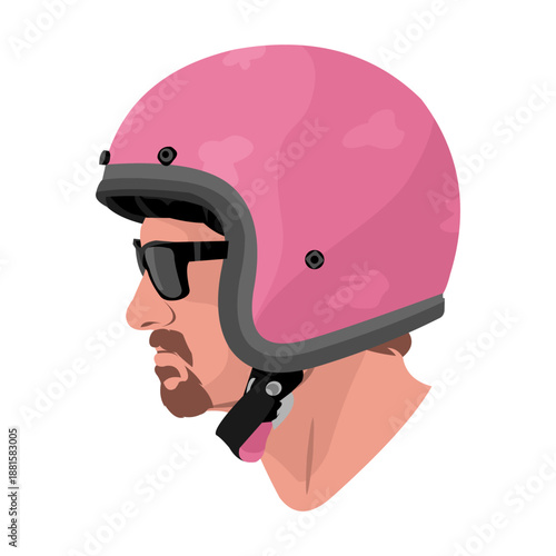 Vector illustration of a man with glasses wearing a pink helmet