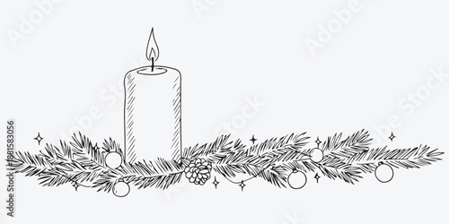 Serene Holiday Illumination: A sketch of a glowing candle set amidst a festive garland of evergreens, lights and ornaments evokes the tranquil spirit of the season.