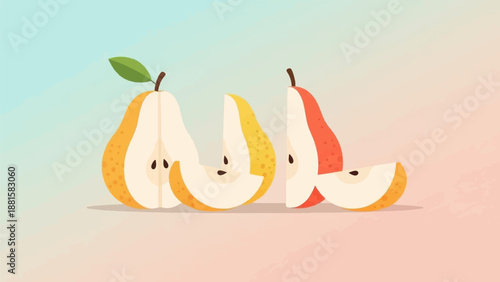 Stylized cut pears with yellow and red skins on a gradient background