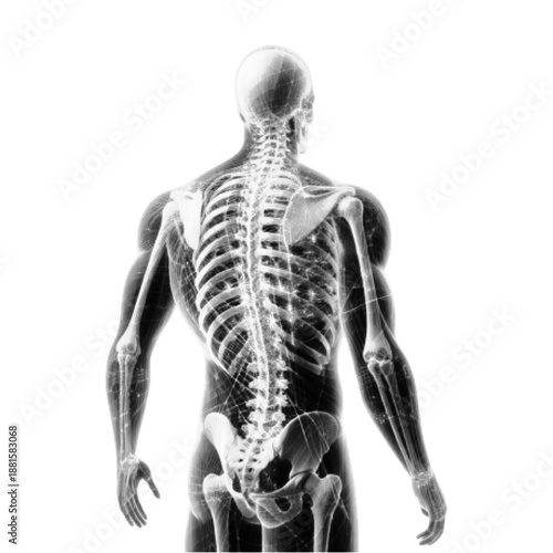 Human body anatomy with visible skeleton and spine in halftone style. Monochrome medical illustration isolated on white background, ideal for healthcare, science, education, and anatomy concept design