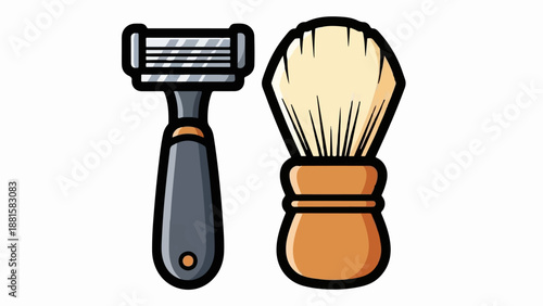 Stylized depiction of a shaving razor and brush on a white background