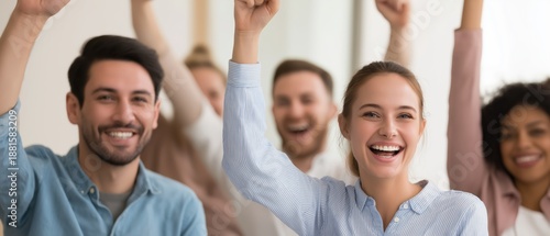 Wallpaper Mural Group of happy people celebrating with raised hands in a bright and cheerful environment Torontodigital.ca