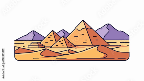 Stylized desert landscape featuring pyramids and sand dunes under purple mountains