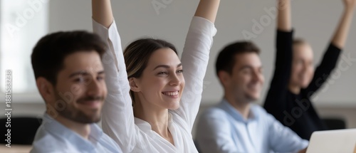 Wallpaper Mural Happy Business Meeting with Engaged Team Members Celebrating Success in Office Environment Torontodigital.ca