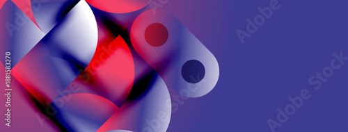 Abstract shapes blend, creating dynamic composition. Reds, blues, whites dominate dark background. Modern design evokes fluidity, movement.