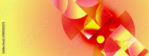 Abstract composition. Warm colors dominate, featuring overlapping shapes, gradients, circles, dynamic energy. Modern design elements present.
