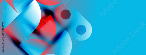 Abstract shapes overlap, creating vibrant blue, red hues. Smooth gradients suggest depth, movement. Minimalist design, modern aesthetic.