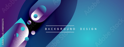 Abstract background features vibrant blue, purple gradients. Circular shapes overlap creating dynamic visual effect. Modern design element.