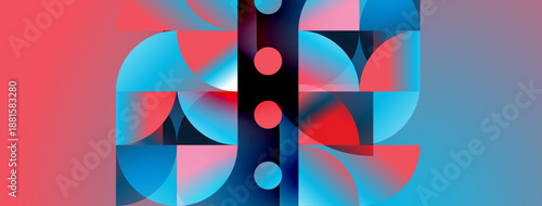 Abstract geometric composition. Red, blue hues dominate. Circles, arcs create dynamic visual rhythm. Modern design, clean lines present.