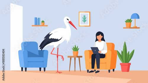 Stork visits a woman working remotely at home on her laptop