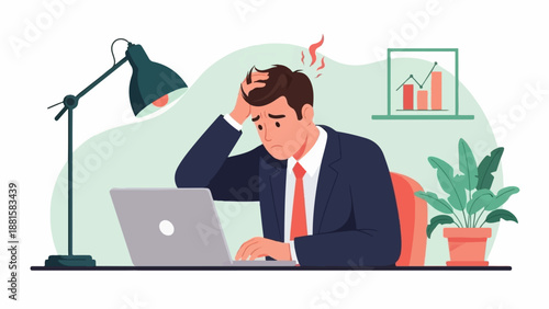 Stressed businessman working late at desk, head in hands, laptop open