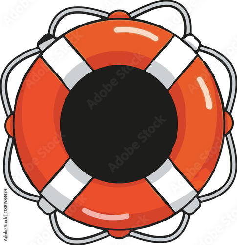 Round orange safety device with white stripes and rope accents
