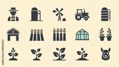 Rural farming icons including a person, structures, equipment, crops, and animal