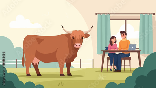 Rural couple works remotely beside a large, shaggy cow in a field