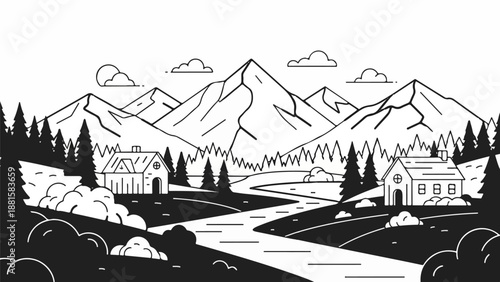 Rustic cabins nestle in a serene mountain landscape with a winding river