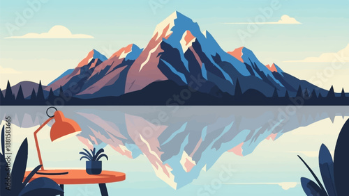 Serene mountain reflection with desk lamp and plant on table