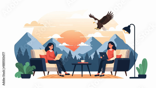 Serene mountain vista with an eagle soaring above two women working indoors